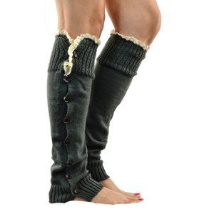 LEG WARMERS Grey Button Down Crochet Lace New